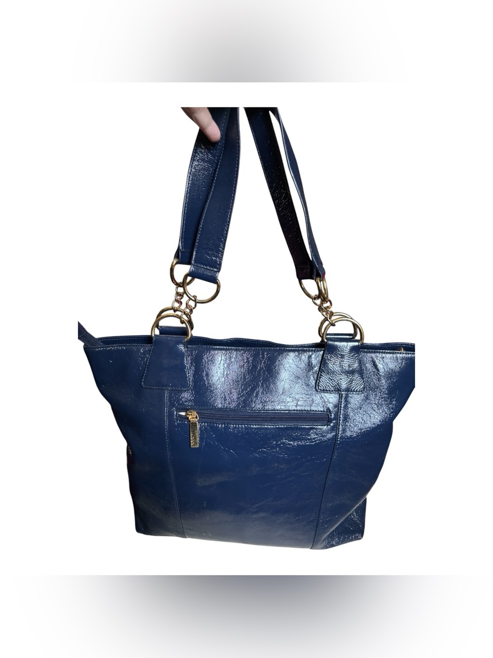 HOBO Blue Patent Leather Tote with Gold Tone Hardware